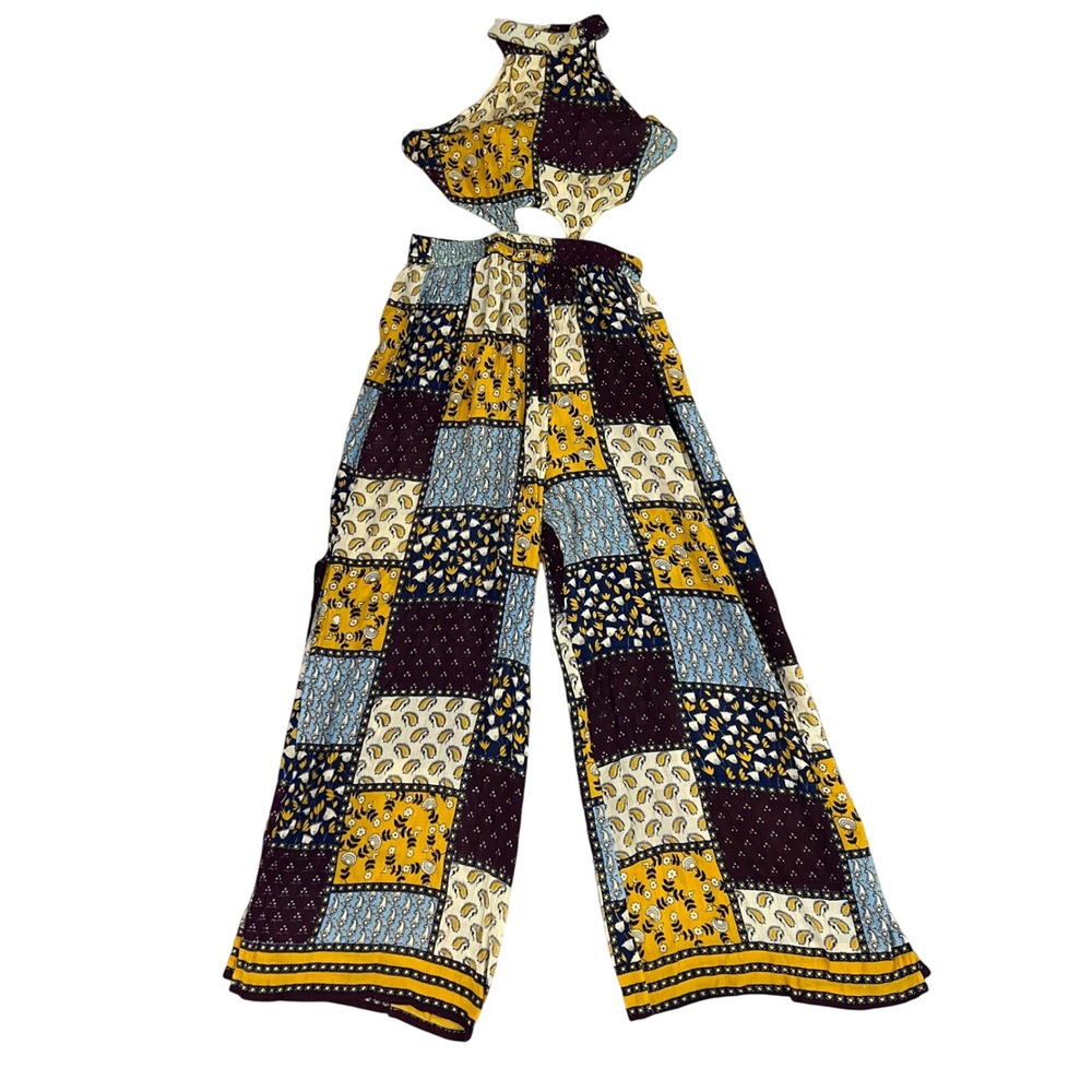 Earthbound Trading Co Jumpsuit Womens Large Patchwork Boho Cut Out Halter